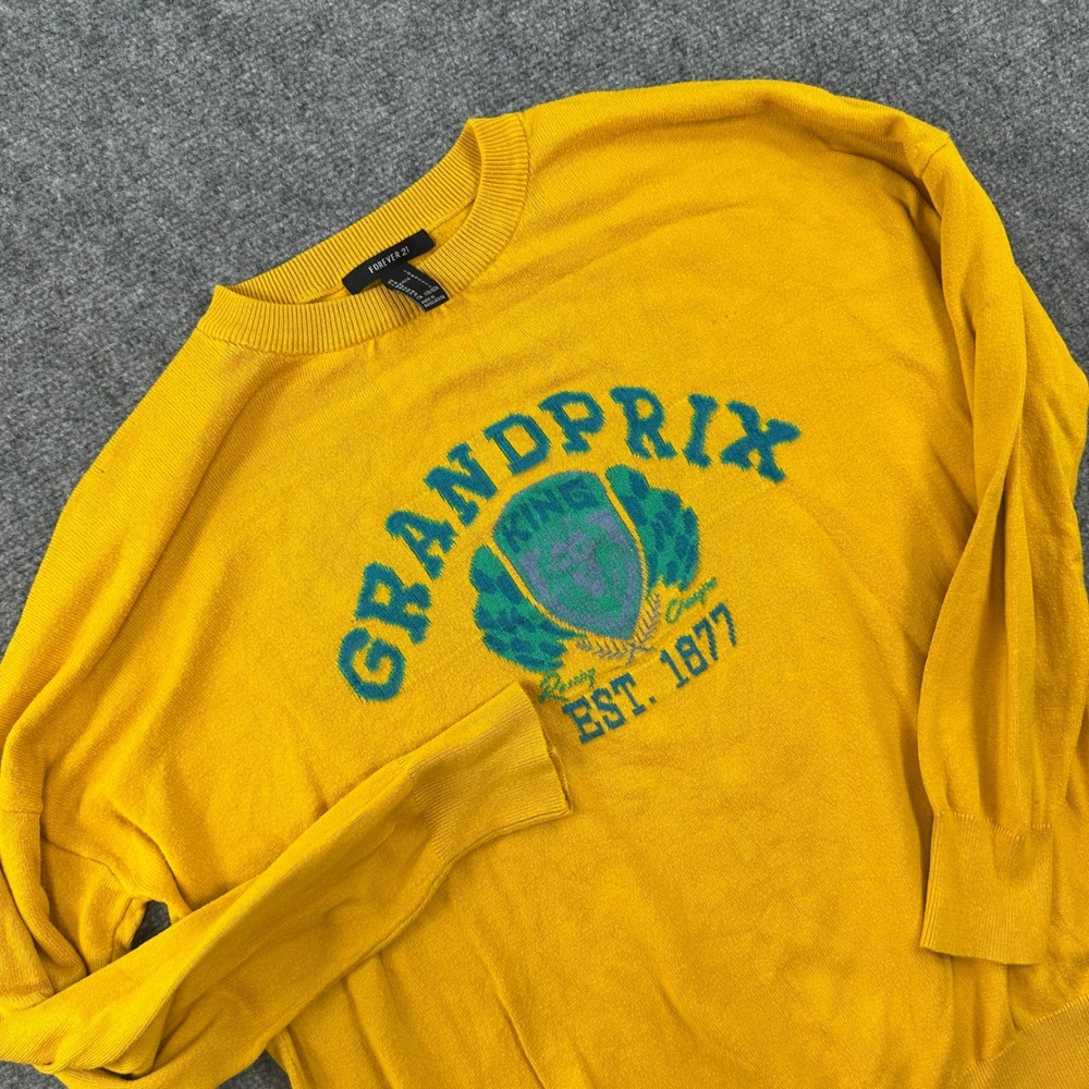 Forever 21 Grand Prix Sweater Large Yellow Graphic Knit Pullover Women's